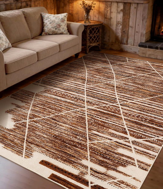 YIHOUSE Washable 5x7 Area Rugs for Living Room,Vintage Western Rug for Bedroom Playroom Non Slip Low Pile Carpet, Soft Brown Ivory Geometric Carpet for Home Decor