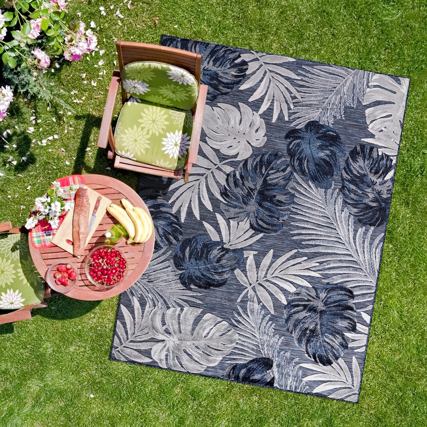 CAMILSON Indoor Outdoor Rug, Navy 7’10”x10’ Leaf Tropical Botanical Area Rugs for Indoor and Outdoor patios, Easy-Cleaning Non-Shedding Living Room, Garden and Kitchen Washable Outside Carpet (8x10)