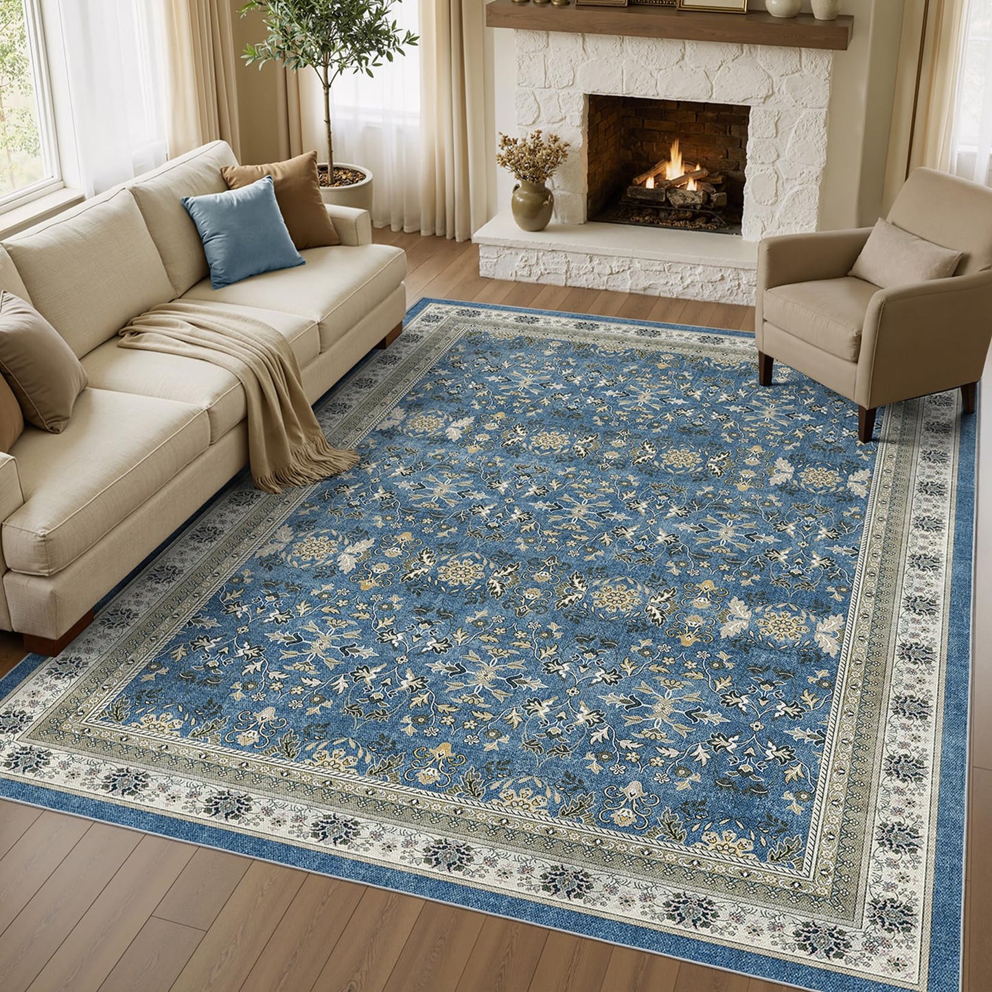 WITSHOCK Living Room Rug 8x10: Vintage Distressed Oushak Boho Farmhouse Retro Antique, Dining Room Rugs for Under Table, Bedroom Nursery Playroom, Ultra Soft Non-Slip Washable Stain Resistance, Blue