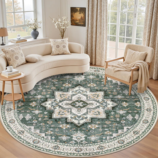 Round Area Rug for Living Room: 4 ft Washable Vintage Boho Soft Thin Circle Rug Indoor Floor No Slip Stain Resistant Carpet for Bedroom Dining Room Farmhouse Nursery Home Office - Green Ivory