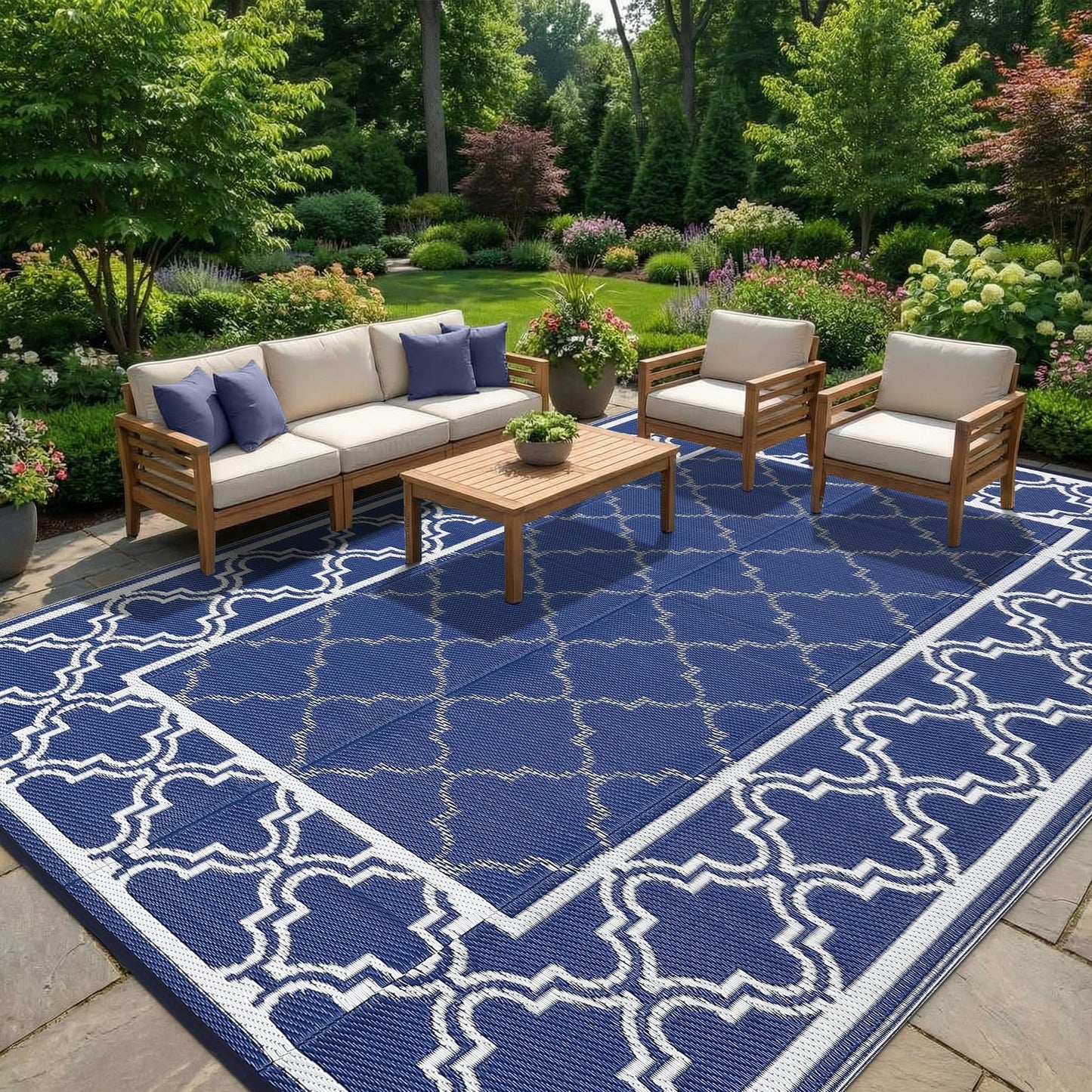 Garvee Reversible Outdoor Rug 9x12, Waterproof Outdoor Plastic Straw Rug with Interlacing Pattern, RV Mat for Picnics, Patio, Camping, Balcony, Deck, Backyard, Porch, Blue