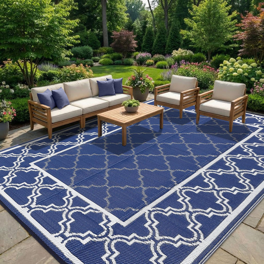Garvee Reversible Outdoor Rug 9x12, Waterproof Outdoor Plastic Straw Rug with Interlacing Pattern, RV Mat for Picnics, Patio, Camping, Balcony, Deck, Backyard, Porch, Blue
