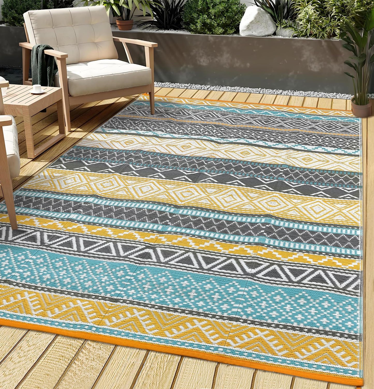 Garvee Outdoor Rug 9x18 Waterproo Large Outdoor Camping Rug Reversible Rv Patio Mats Black Gray Outdoor Plastic Straw Outdoor Rugs Clean Easily Large Patio Mat for RV, Deck, Camping, Yellow + Gray