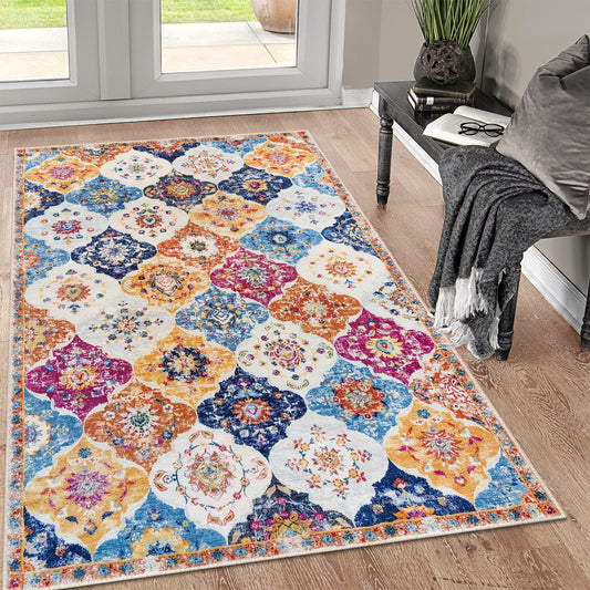 KILOCOCO 3x5 Moroccan Super Soft Area Rug Washable Living Room, Colorful Vintage Floral Rug Indoor Non-Slip, Print Faux Wool Accent Indoor Entryway Rug for Laundry Playroom Office