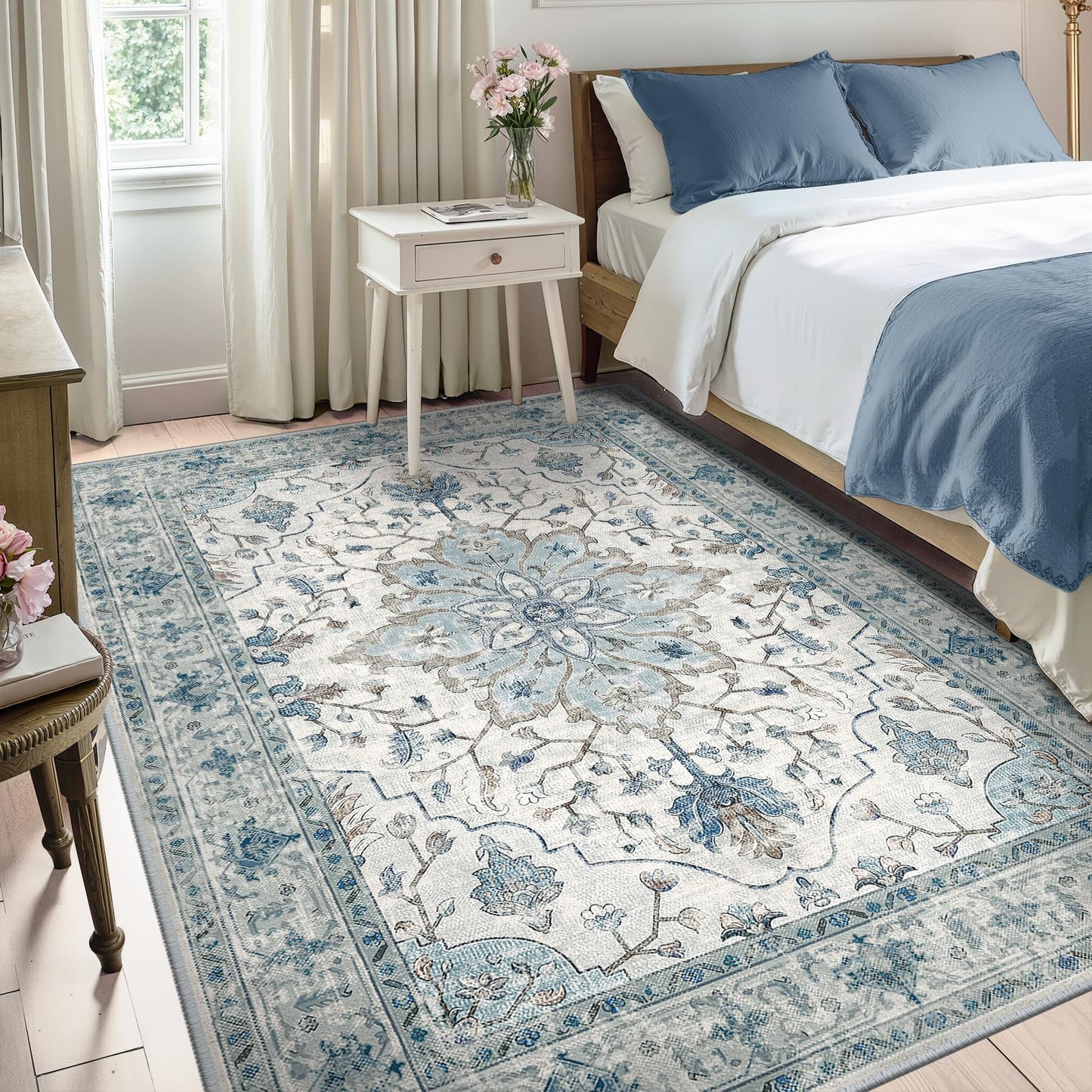 RELEANY Area Rugs 5'x7' Washable Non-Slip, Floral Vintage Distress Medallion Carpet for Living Room Bedroom Dining Room, Light Blue Navy Gray White