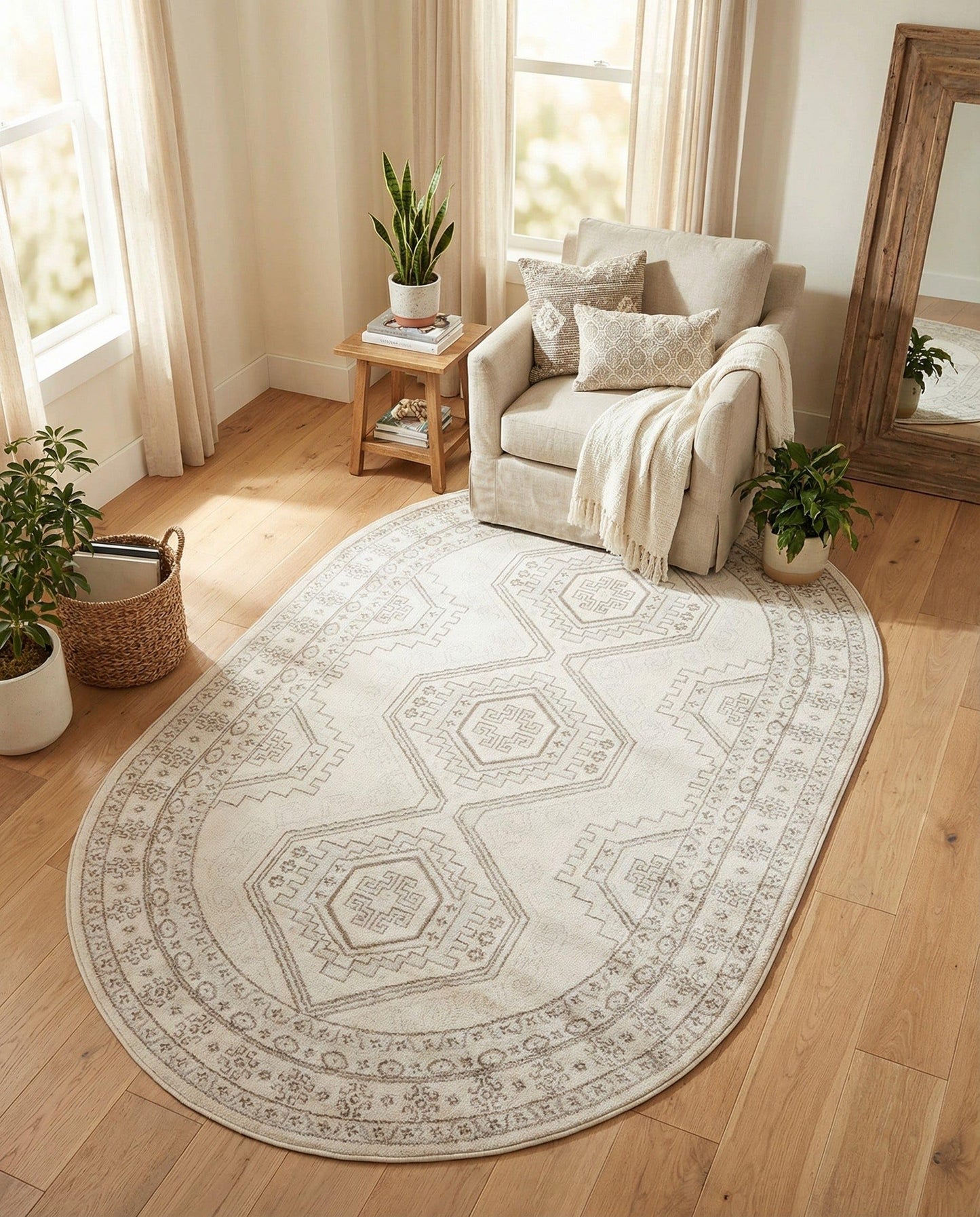 Rugs.com - Charlotte Rug – 5' 3 x 8' Oval Ivory Stain-Resistant Easy-Clean Rug – Rustic Old World Geometric Design for Living Rooms, Bedrooms, and Dining Rooms