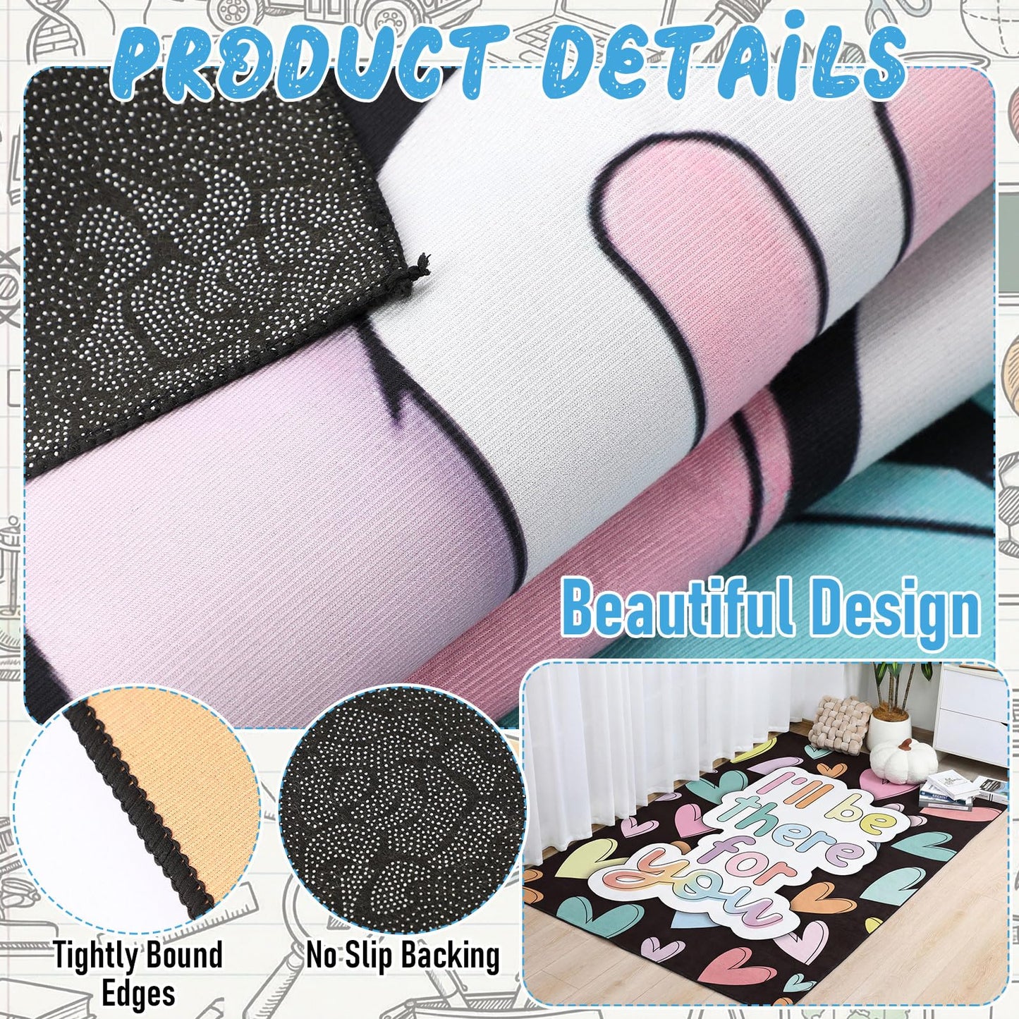 Nuanchu Calming Corner Classroom Rug I'll Be There for You Kids Playroom Rug School Educational Soft Carpets 5 X7 ft Large Washable Classroom Mat with Rubber Backing for Nursery Homeschool Elementary