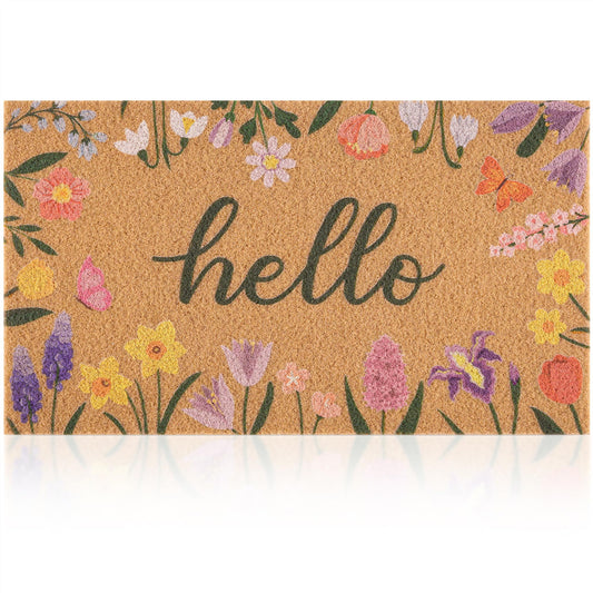Fttoyoly Spring Door Mat with Wildflowers Border, Outdoor Indoor Welcome Mat for Front Door, Spring Decor Floral Style for Porch, Patio or Entryway, 17" X 29.5" (Hello)