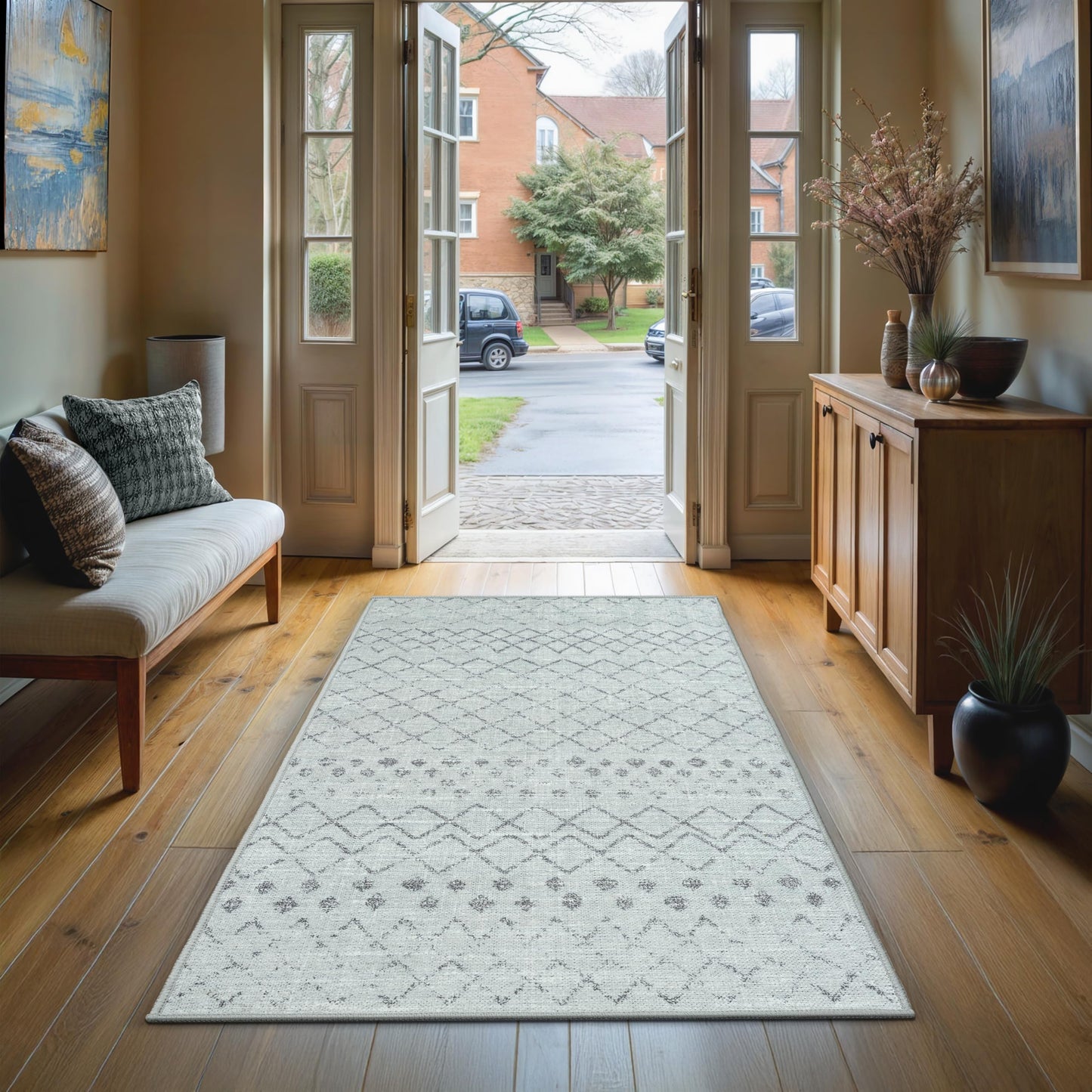 GLN Rugs Contemporary - Timgad - Machine Washable Runner Rug, Modern Washable, Non Slip, Low Pile Chenille Area Rug, Hallway, Bedroom, Kitchen Rug - Easy Clean (2'6" x 7' Gray 0166)