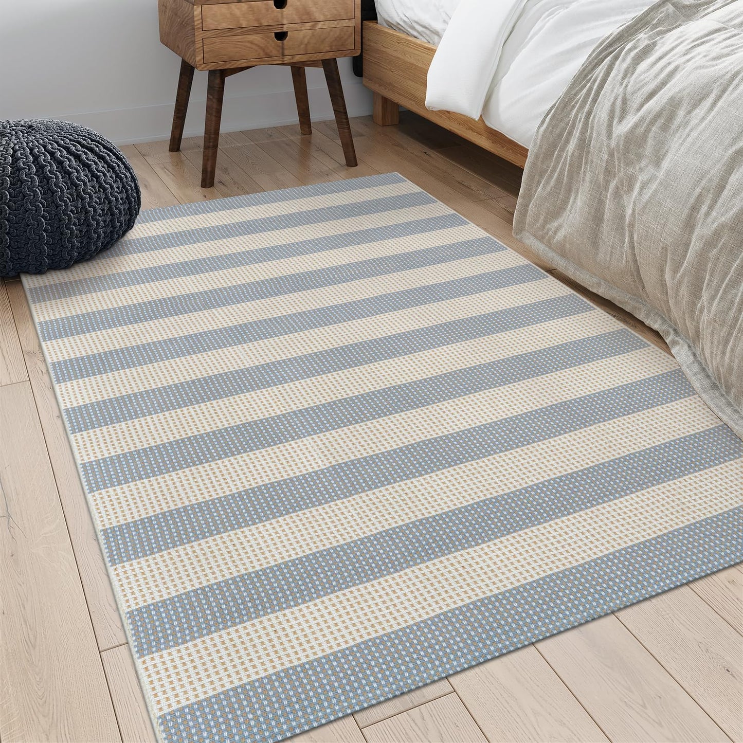 OJIA Washable Area Rugs 4'x6', Striped Outdoor Rug Cotton Woven Entryway Rugs Indoor Patio Rugs Carpet Large Area Rugs for Bedroom/Porch/Deck/Backyard/Camping/Living Room (Blue/White/Tan)