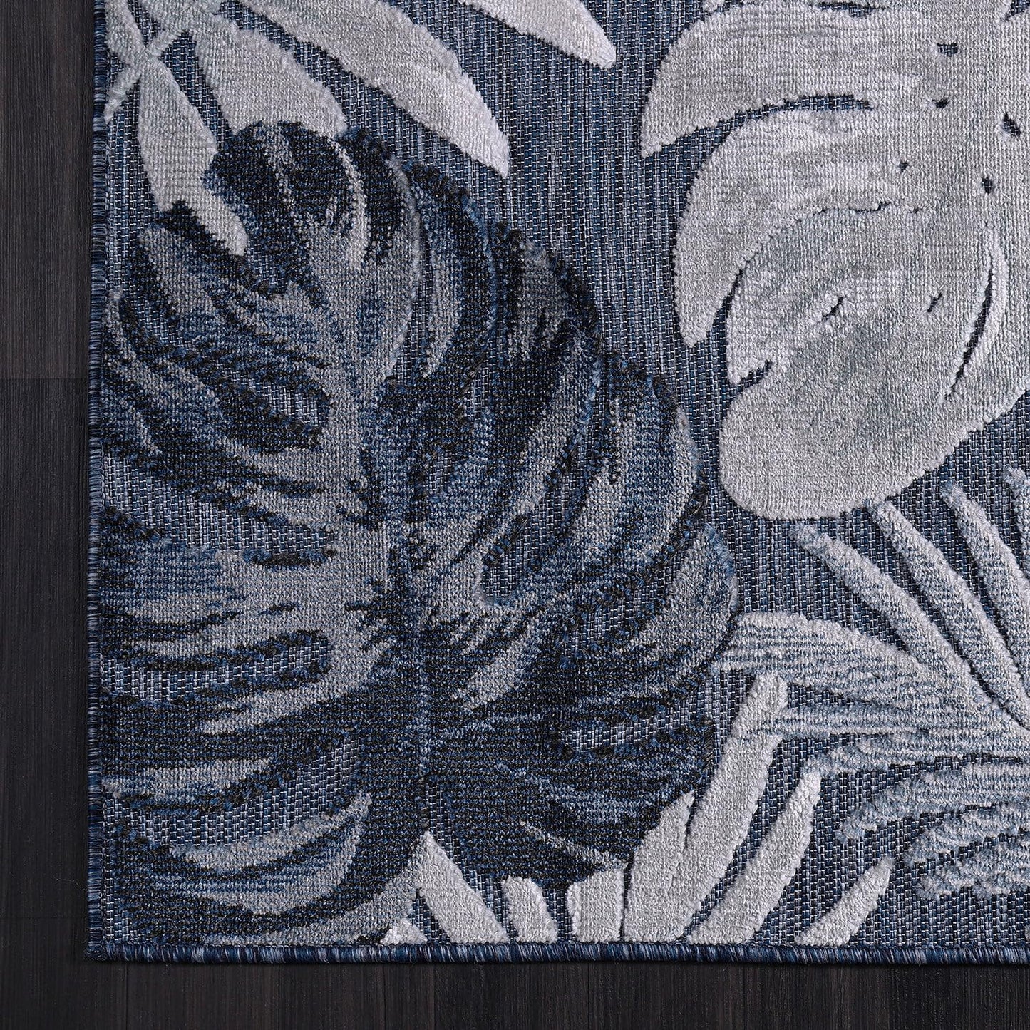 CAMILSON Indoor Outdoor Rug, Navy 7’10”x10’ Leaf Tropical Botanical Area Rugs for Indoor and Outdoor patios, Easy-Cleaning Non-Shedding Living Room, Garden and Kitchen Washable Outside Carpet (8x10)