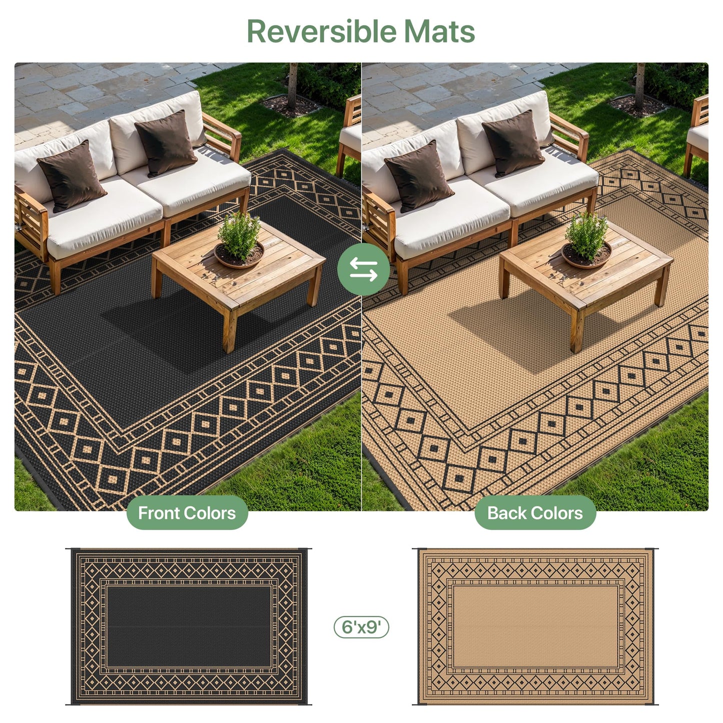 GENIMO Outdoor Rug Waterproof 6'x9' for Patio, Foldable Reversible Plastic Straw Carpet for Travel Trailers, Outside Area Mat for Rv, Deck, Picnic, Porch, Camper, Balcony, Beach, Black & Brown