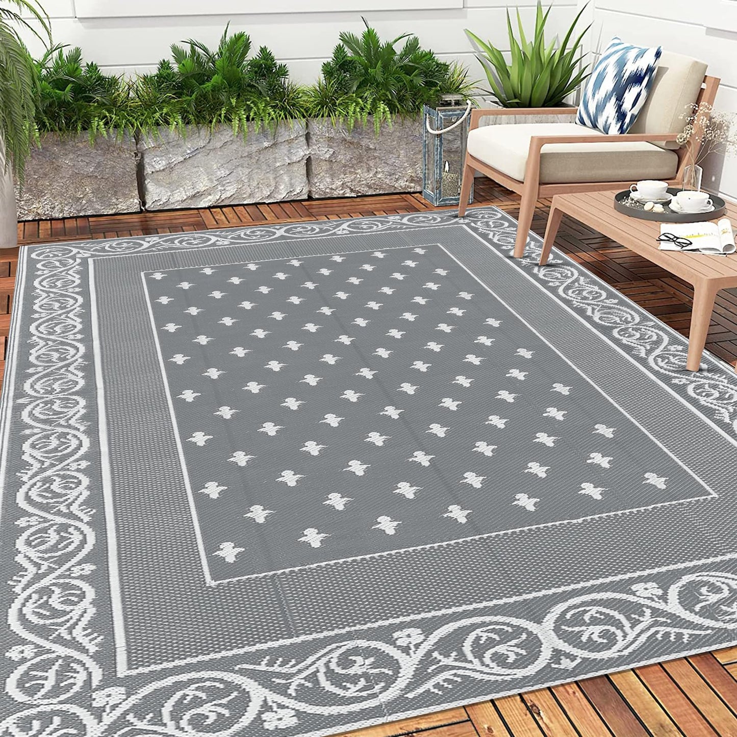 Pauwer Waterproof Outdoor Rug 9x12, Reversible Plastic Straw Patio Camping Rug, Indoor Outdoor RV Mat Carpet for Deck, Camper, Porch, Balcony, Backyard, Picnic, Bordered Grey