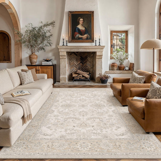HUGEAR 8x10 Area Rug Beige Vintage Machine Washable Rug Room Decor Distressed Living Room Rugs Low Pile Non Slip Soft Carpet for Bedroom Dining Room Office Soft Lightweight