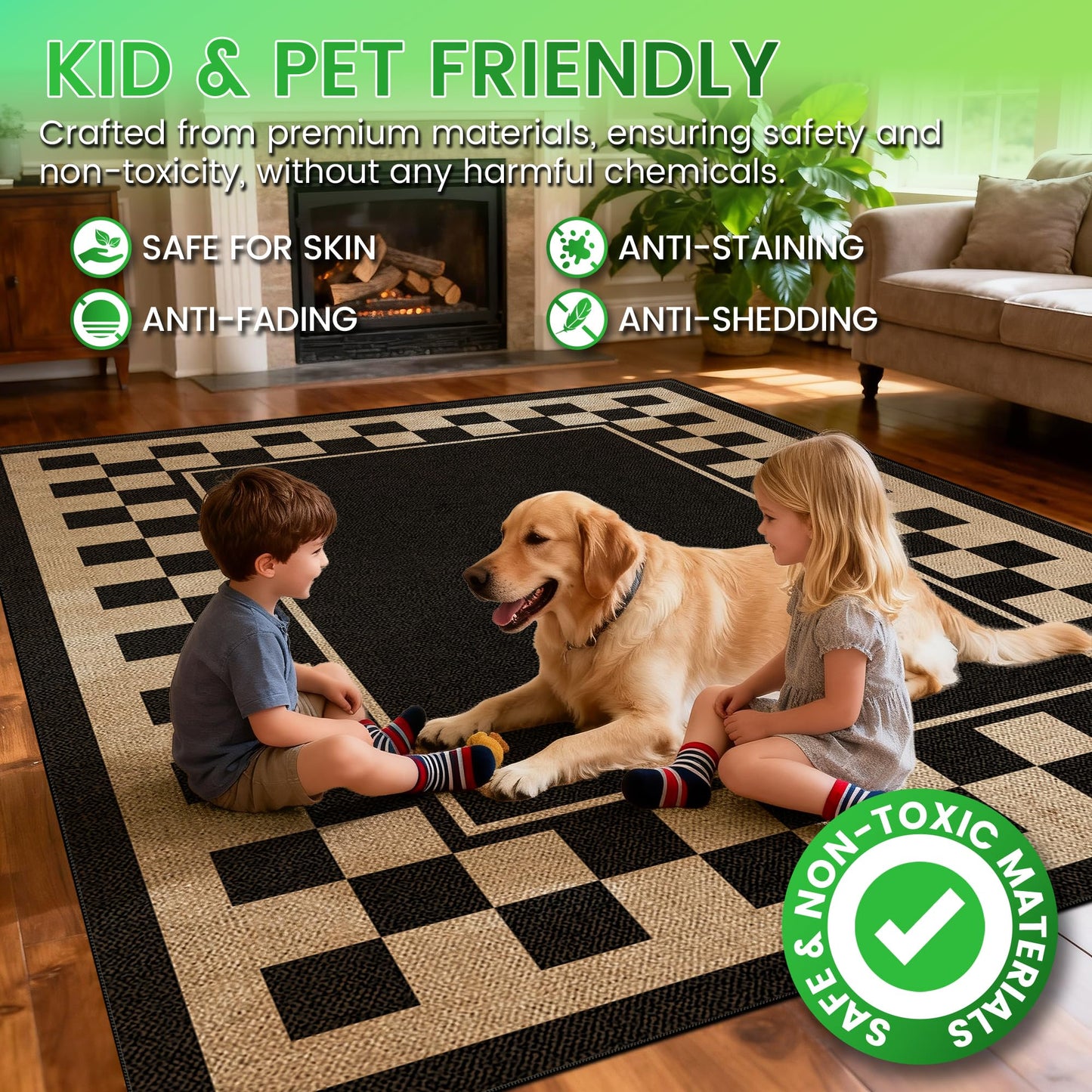 JROSING Washable Checkered Easy Jute Rug 5x7, Black Checkerboard Geometric Modern Outdoor Indoor Patio Large Bordered Rug, Woven Thin Carpet for Living Dining Play Room Bedroom Classroom Kids Nursery