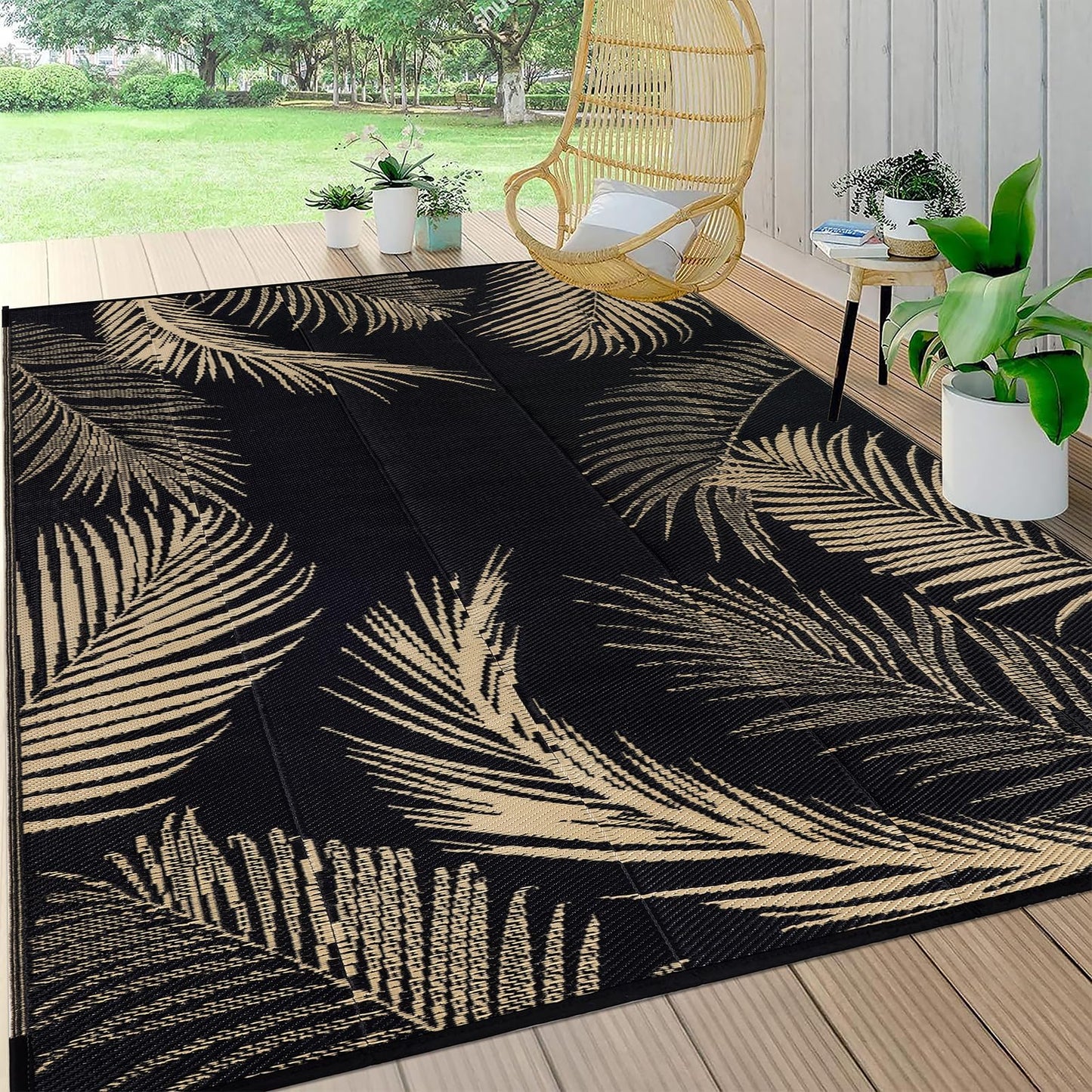Pauwer Waterproof Outdoor Rug 6x9, Reversible Plastic Straw Patio Camping Rug, Indoor Outdoor RV Mat Carpet for Deck, Camper, Porch, Balcony, Backyard, Picnic, Leaf Black Brown