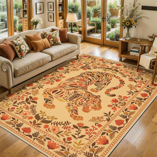 SERISSA 4x6 Area Rug for Living Room, Washable Boho Camel Botanical Tiger Floral Soft Carpet, Non-Slip Low Pile Vintage Animal Print Rugs for Bedroom Kitchen Bedside Kids Room Dorm Office