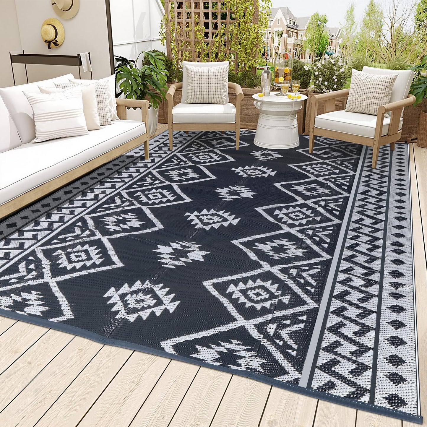 LILIOFFIC Outdoor Rug 9x12 ft, Waterproof Outdoor Plastic Straw Rug for Camping, Large RV Mat Outside, Outdoor Carpet for Deck, Backyard, Balcony, Picnic, with 4 Stakes, Grey