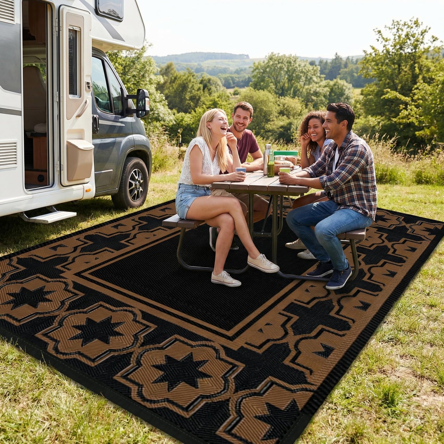 Haoyunll Outdoor Rug Geometric Black Brown 9x12 Waterproof, Extra Large Reversible Plastic Straw Outdoor Patio Rug 0.13" Thick for Backyard, Patio