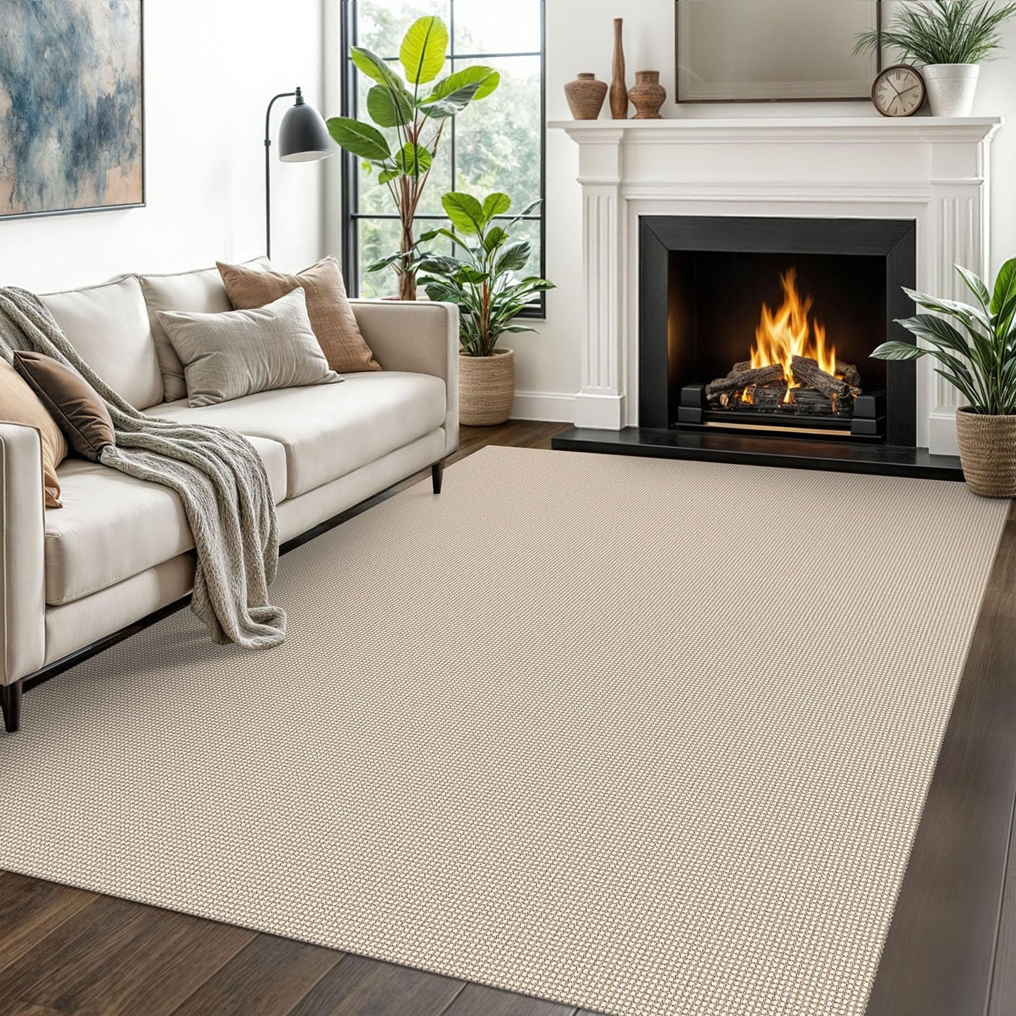 EARTHALL Woven Area Rugs 5x7 Ft Washable Living Room Rugs Non Slip Rubber Backed Dining Room Rug Braided Bedroom Rugs Indoor Floor Carpet for Living Room, Bedroom, Dining Room, Beige/Ivory
