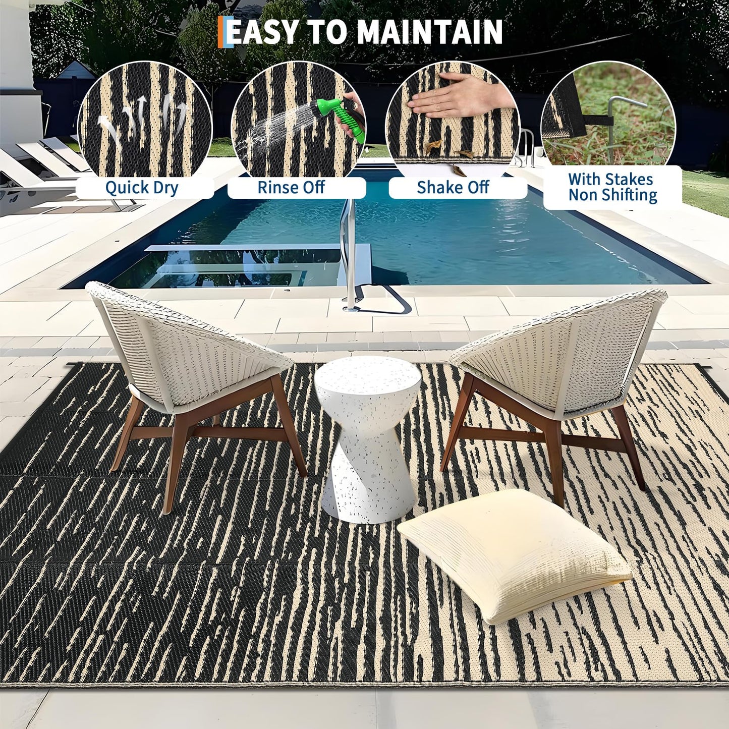 COZYLOOM Striped 5x8 RV Outdoor Rug Waterproof, Modern Outdoor Plastic Straw Rug, Foldable Lightweight Reversible UV Resisatnt Rugs for Picnic Backyard Deck Balcony Porch Beach Camper, Black Coffee