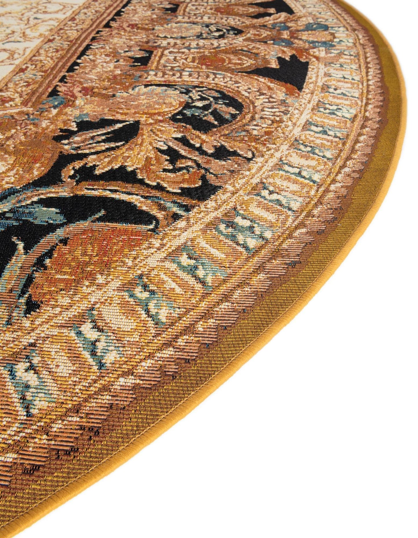 Rugs.com - Outdoor Traditional Rug – 3 Ft Round Black Gold Brown Indoor/Outdoor Rug – Weather-Resistant Flatweave for Patio, Deck, and Porch