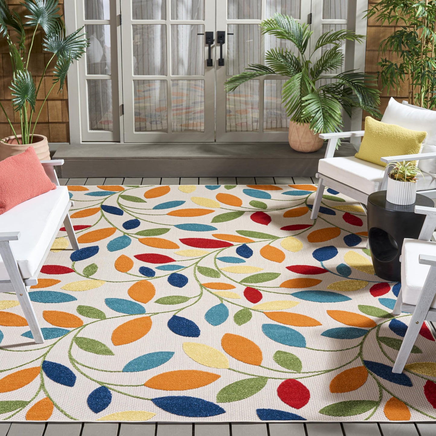 SAFAVIEH Washable Rug Outdoor Cabana Collection - 6'7" x 9', Ivory & Green, Non-Shedding & Easy to Clean, Ideal for Patio, Backyard, Mudroom (CBN369A)