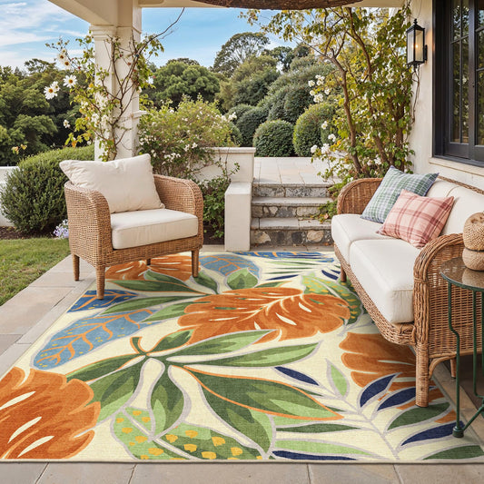 GENIMO Outdoor & Indoor Area Rug 5'x8', Waterproof, Non-Shedding, Easy Cleaning, Leaf Mat for Patio, Living Room, Balcony, Dining Room, RV, Deck, Bedroom, Camping, Outside Carpet, Rust Sage