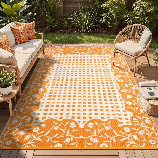 nesrt Waterproof Outdoor Rug 5x8ft, Reversible Plastic Straw Patio Mats, Portable Floral Camping Rug, Indoor Foldable RV Carpet Mat for Deck Porch Balcony Backyard Picnic (Orange/White)