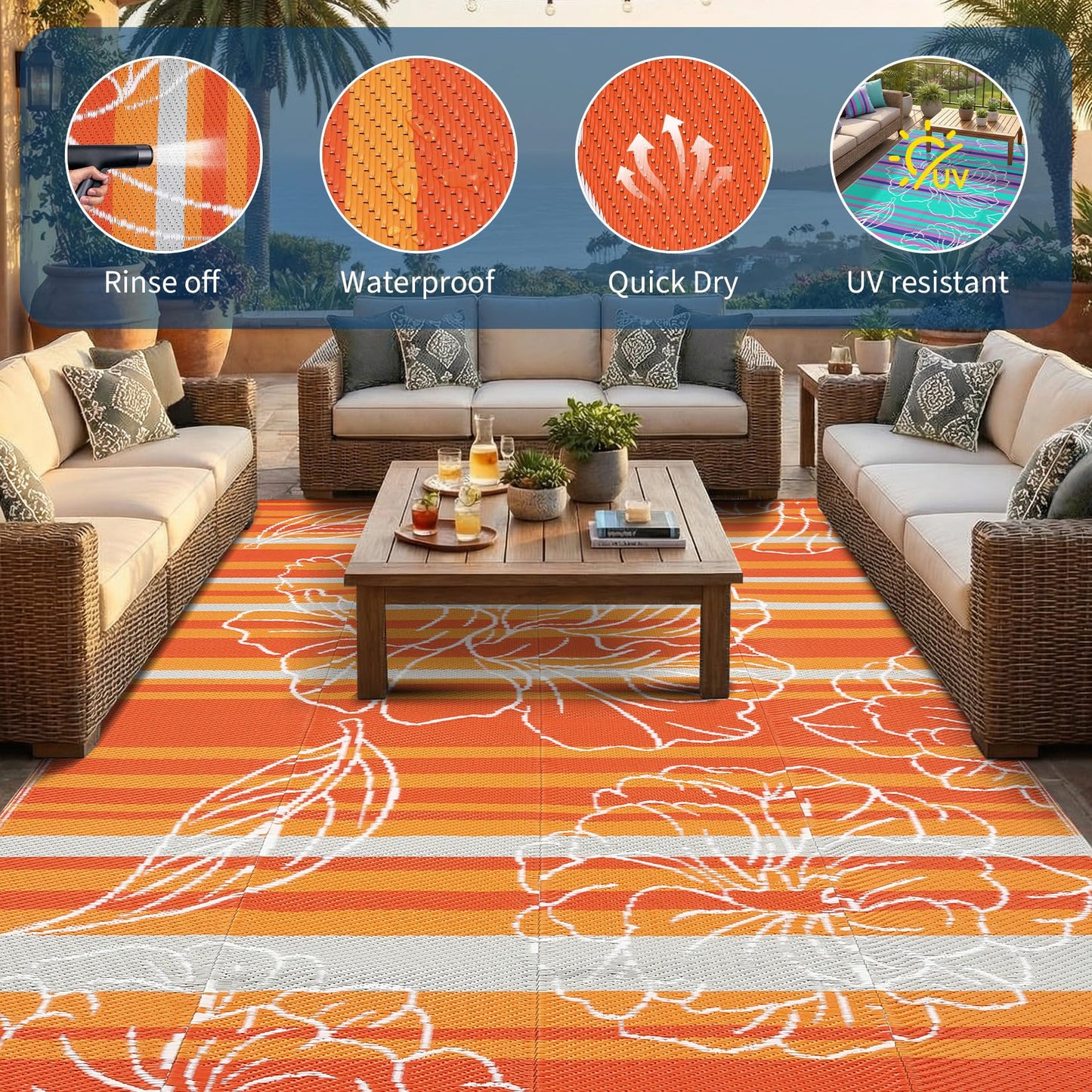 Garvee 5x8 Outdoor Waterproof Rug, Floral Outdoor Area Rug，Reversible Plastic Straw Patio Rug, Portable Camping Mat for RV, Picnic, Beach, Balcony, Garden & Camping Orange