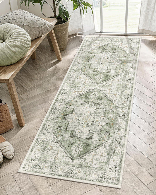 LIVEBOX Washable Runner 2x6 - Vintage Tribal Kitchen Rug, Long Entryway, Low-Pile for Bedroom, Non-Skid Soft Carpet Throw for Bathroom Laundry Room Hallway Sage