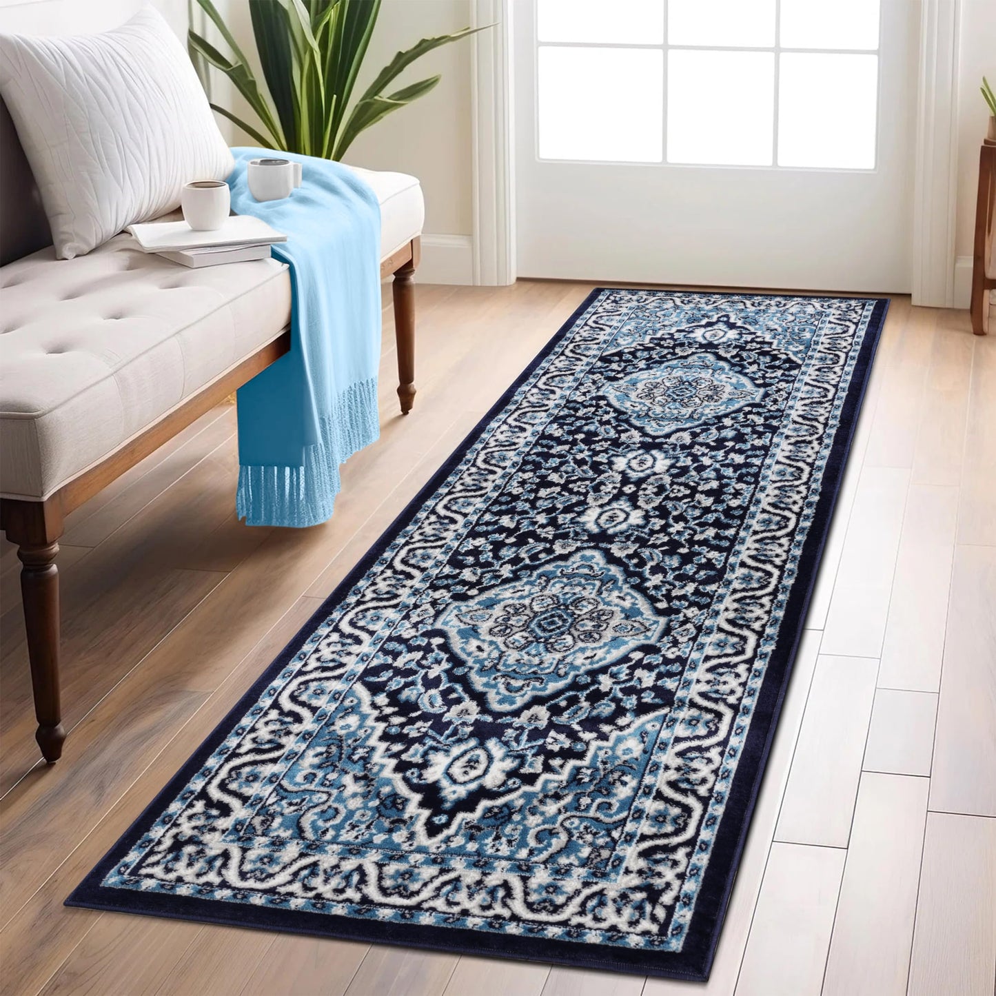 Superior Indoor Runner Rug, Plush Carpet Cover, Traditional Oriental Medallion, Perfect for Hallway, Entryway, Living Room, Dining, Bedroom, Office, Kitchen, Glendale Collection, 2'7"x10', Blue