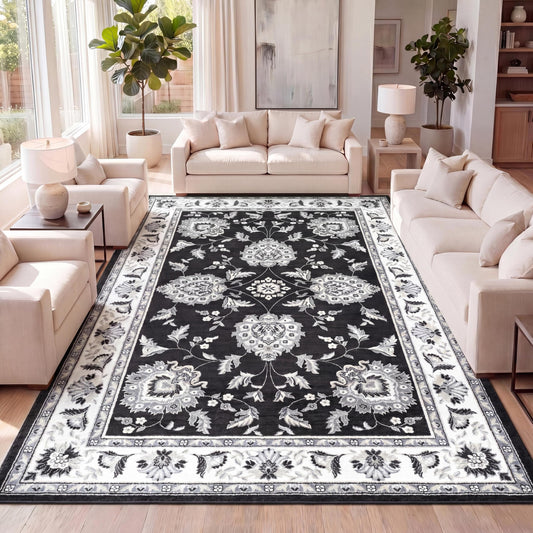 JONATHAN Y Cherie French Cottage Black/Cream Indoor Area Rug, 5x8, Vintage, Bohemian, Easy-Cleaning for Living Room, Bedroom, Kitchen, Pet Friendly, Non-Shedding (MDP505D-5)