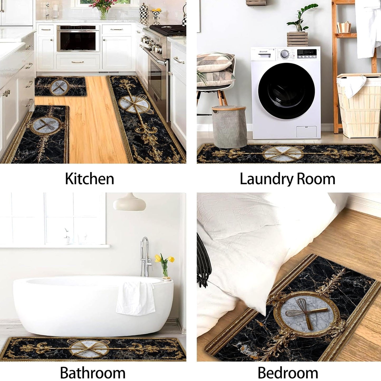 Elegant Kitchen Mats for Floor, Black Marble and Gold Ornate Design Soft Cushioned Non Slip Decor Rugs for Kitchen Sink and Laundry Room 3Pcs