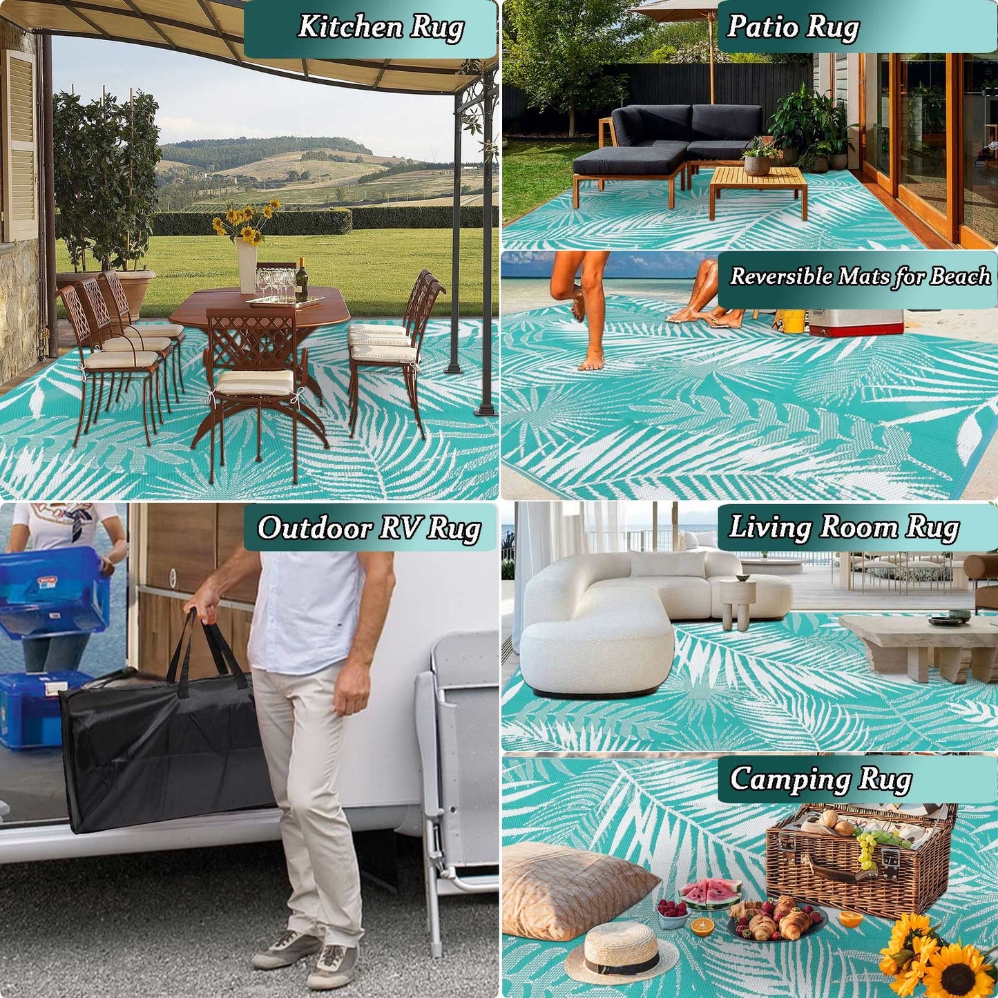 HiiARug Outdoor Rug 5x7 ft, Reversible Waterproof Plastic Straw Patio Rugs, RV Mat for Outside Quick Dry Carpet for Deck Porch Poolside Beach Camper Backyard