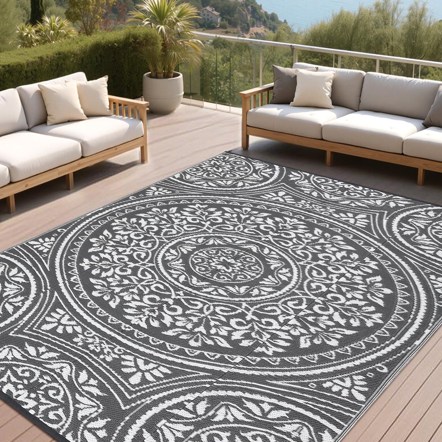 GarveeHome Large Waterproof Outdoor Rug 9x18 Reversible Floral Plastic Straw Rug, Durable UV Resistant Outdoor Carpet, Portable RV Camper Picnic Mat with Stakes & Carry Bag for Yard Poolside, Grey