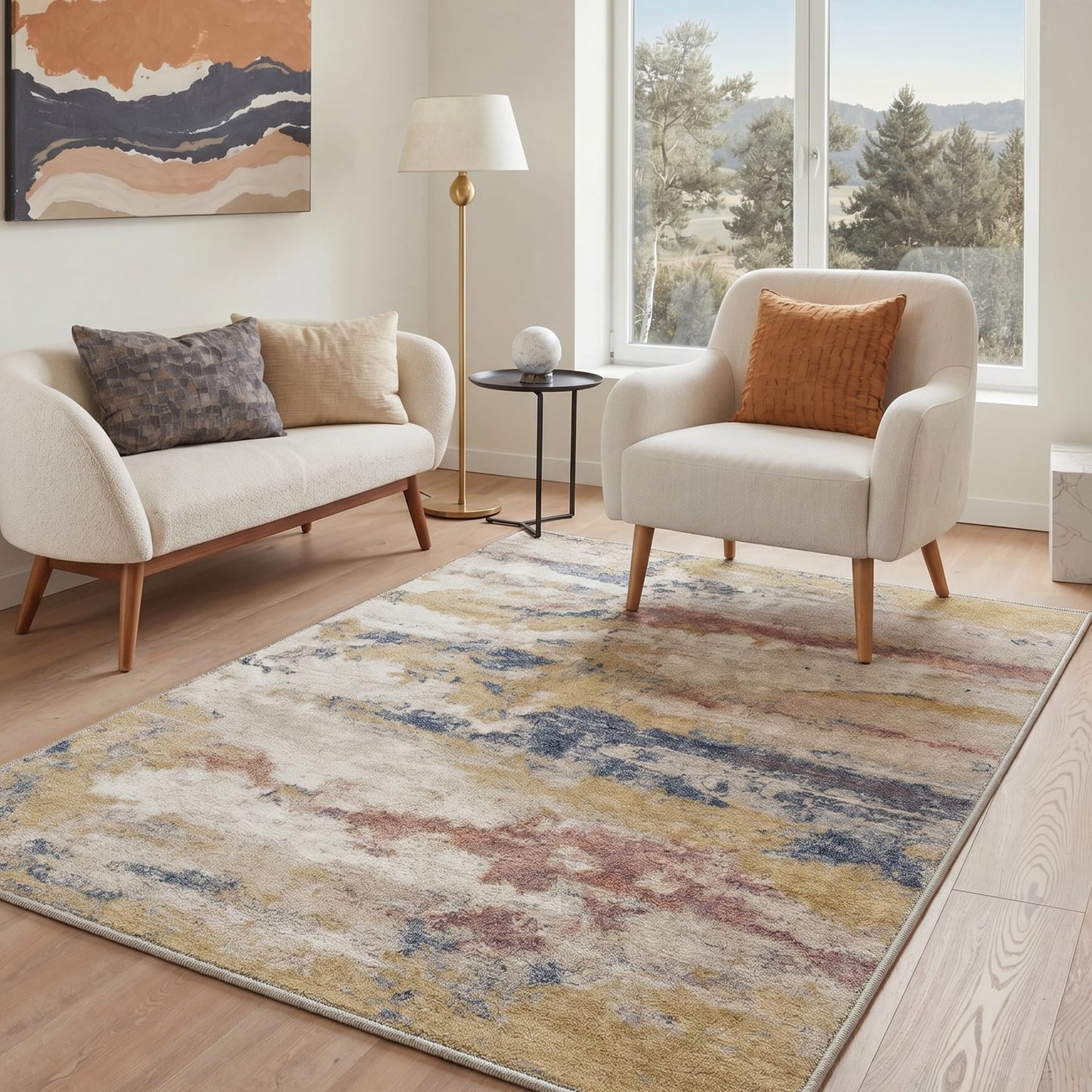 BEIMO 5X7 Area Rugs for Living Room Bedroom, Modern Abstract Machine Washable Rug, Abstract Painting Low Pile Non Slip Soft Stain Resistant Carpet for Dining Room,Laundry Room, Muted Gold