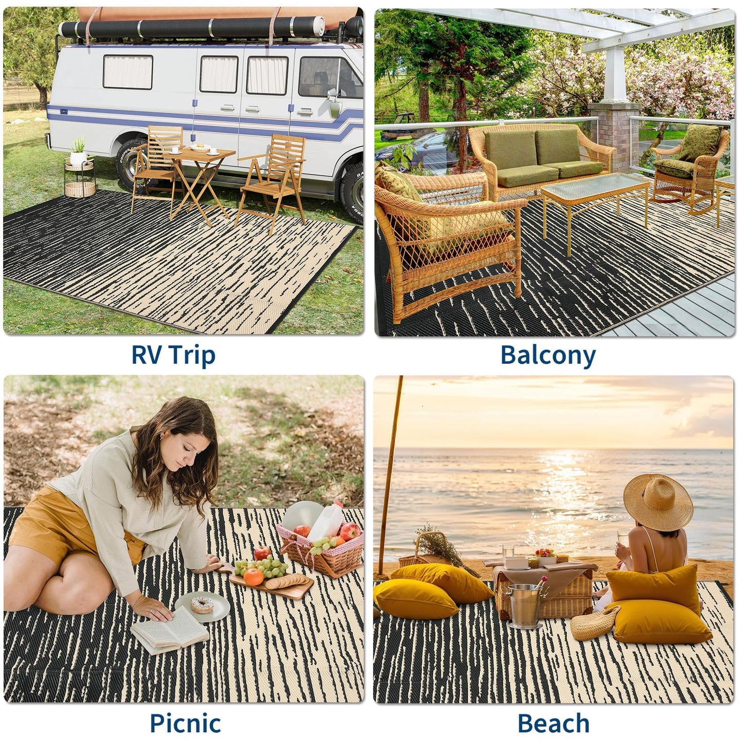 COZYLOOM Striped 6x9 RV Outdoor Rug Waterproof, Modern Outdoor Plastic Straw Rug, Foldable Lightweight Reversible UV Resisatnt Rugs for Picnic Backyard Deck Balcony Porch Beach Camper, Black Coffee
