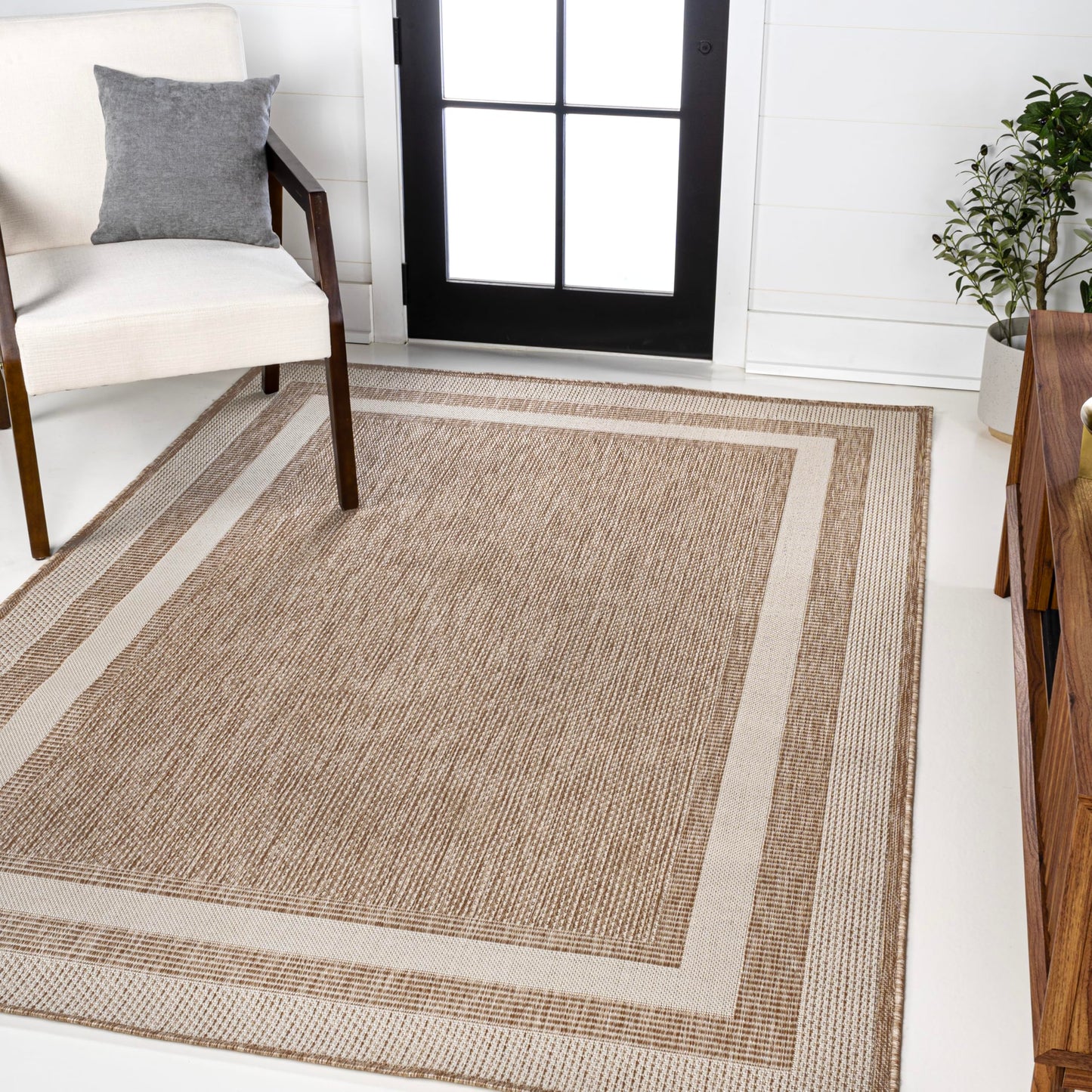 JONATHAN Y 3-Stripe Border Indoor Outdoor Area Rug 3X5 Beige/Cream, Dover Classic for Backyard, Patio, Porch, Easy-Cleaning, High Traffic, Pet-Friendly, Non-Shedding (TSN209A-3)