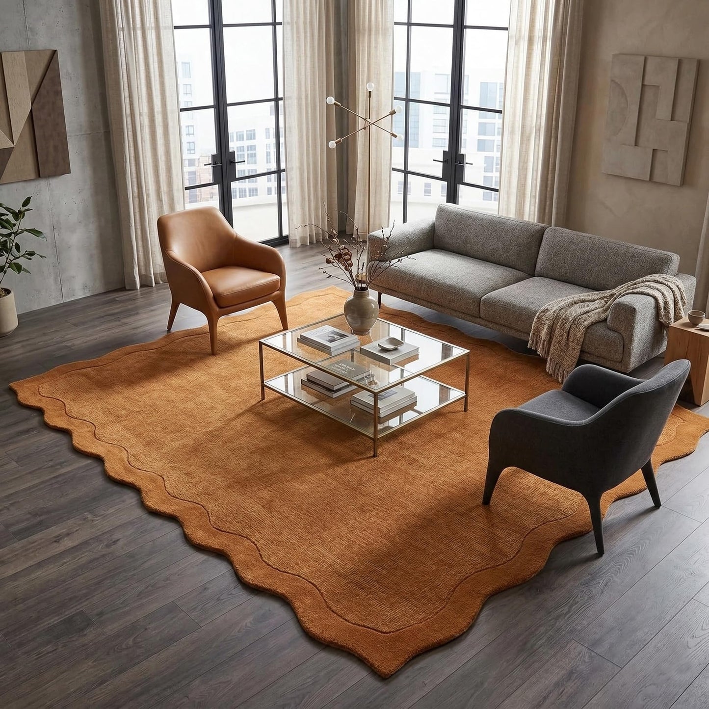 Restoration and Renovation Scalloped Hand-Tufted Wool Area Rug 5' x 8' – Thick, Soft, Plain Textured Carpet for Living Room, Bedroom, – Wavy Edge Accent Rugs with Cotton Backing – Burnt Orange