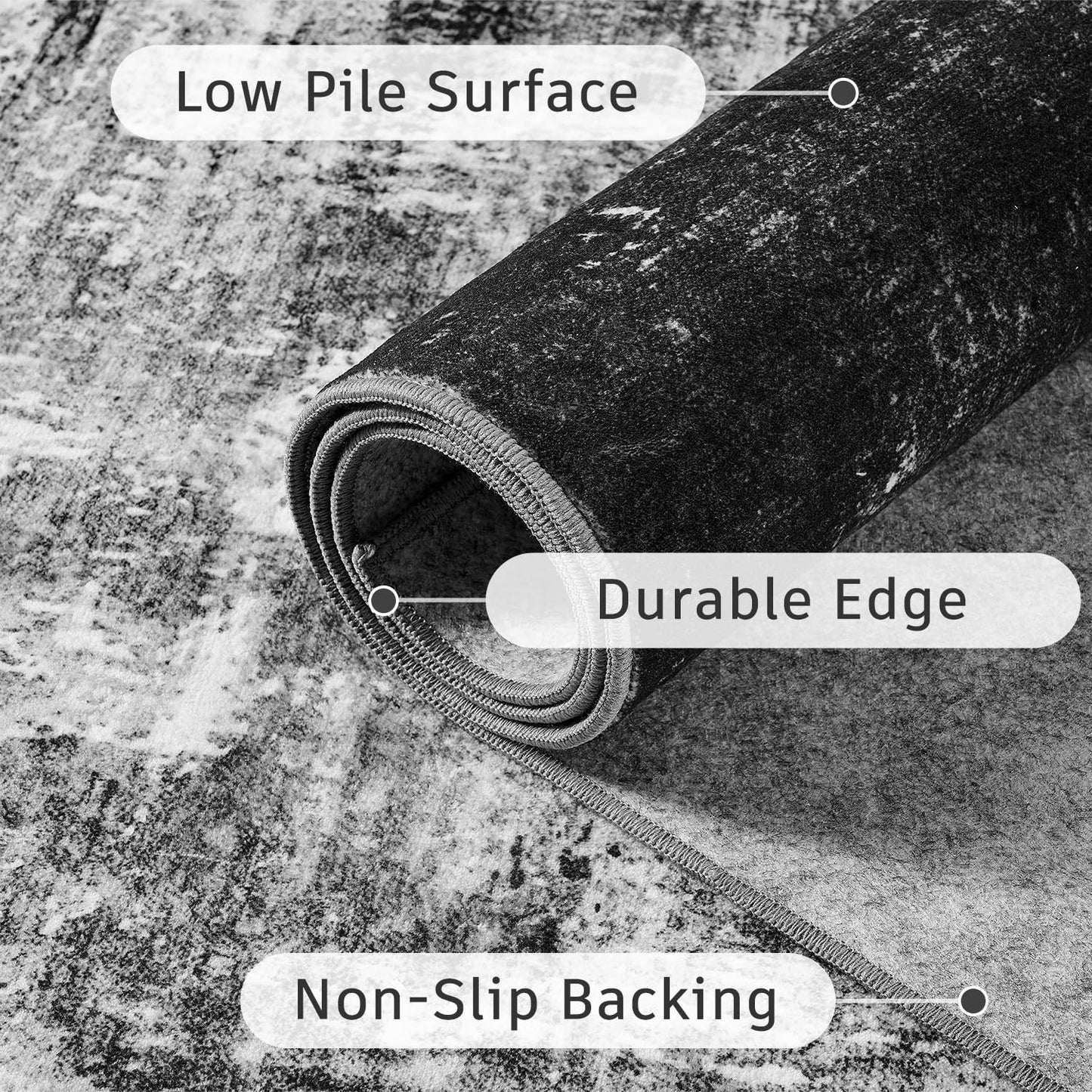 DCX Abstract Area Rug 8x10, Washable Black Modern Rug for Living Room, Kid & Pet Friendly with Rubber Back Non Slip, Soft Low Pile Carpet, Stain Resistant Rug for Bedroom, Office, Dining Room