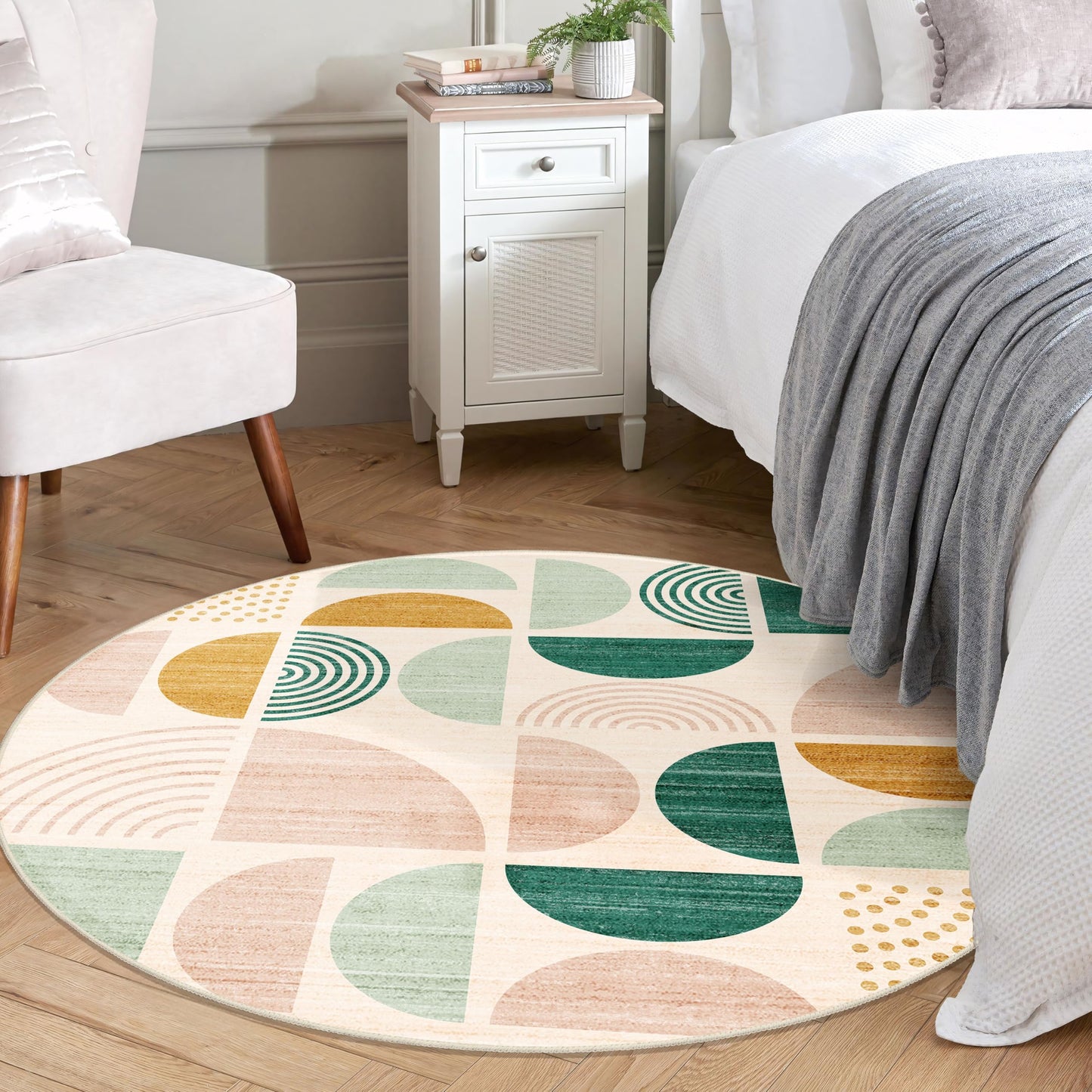 MUJOO Round Rug 4ft,Small Circle Area Rug Washable,Circular Rugs for Entryway Bedroom Kitchen,Boho Non Slip Throw Floor Carpet Modern Abstract Sage Green