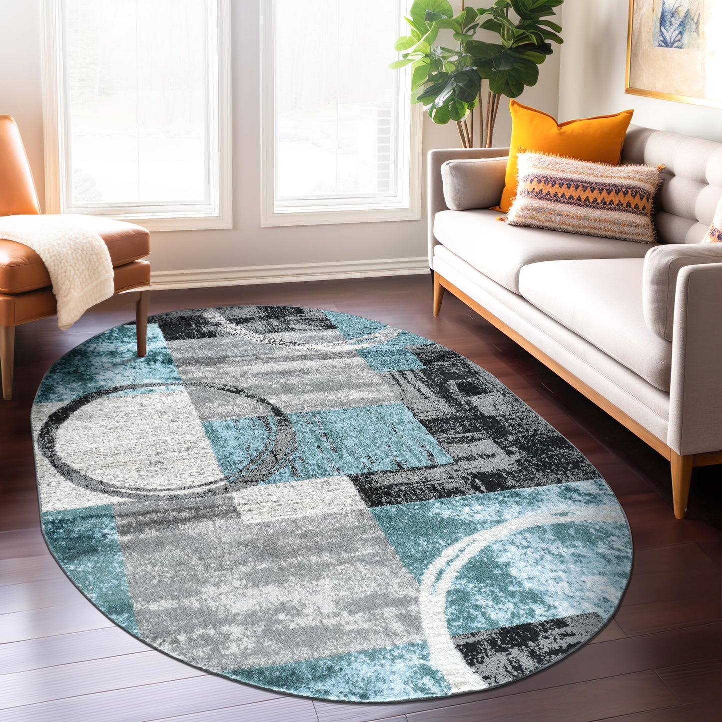 Rugshop Contemporary Abstract Circle Design Soft Oval Area Rug 5' x 7' Gray