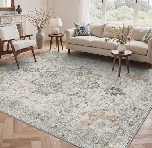 GENIMO No-Wash 5X7 Area Rug for Living Room Bedroom Patio, Waterproof Stain Resistant Oil Proof Chenille Carpet, Non Slip Vintage Boho Rug for Dining Room & Home Office Decor– Light Taupe Brown