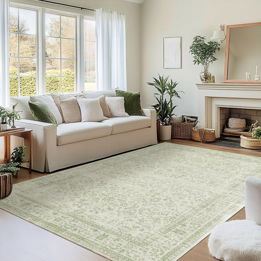 Sage Green Rug 5x7 Baby Girl Nursery Decor Neutral Boho Floral Pattern Distressed Design Washable Soft Cottagecore Area Rugs for Living Room Bedroom Light Green Low Pile No Slip Carpet 5 x 7