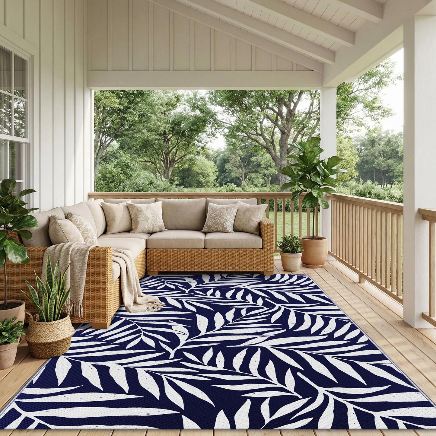 Smiry Outdoor Rug 5x8 ft, Waterproof Reversible Plastic Straw Rugs, Outdoor Area Rug with Leaf Pattern, Outside Floor Mat for Patio, Backyard, Deck, Picnic, Beach, Camping, Navy & White