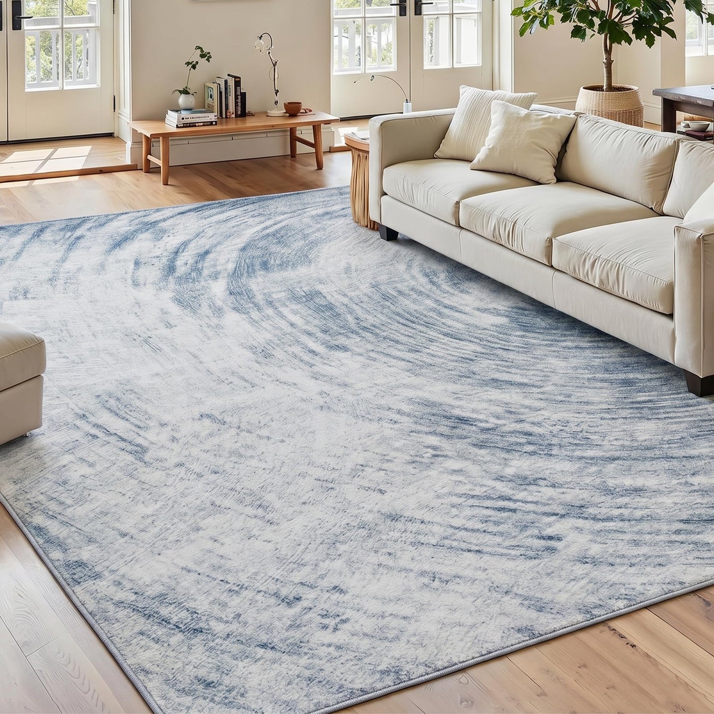 Mueinxiei Morden Washable Thin Area Rugs 7x9 Abstract Neutral Color Light Grey Rugs Non Slip Water Repellent Low Pile Carpet for Living Room Bedroom Office Dining Room Cloud Shadow