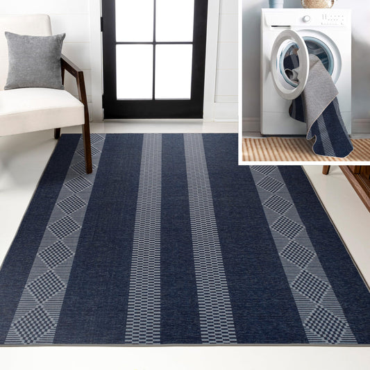 JONATHAN Y Machine Washable Navy/Gray Indoor Area Rug 4X6 ft, Nautisk Trellis Stripe for Living Room, Bedroom, Kitchen, Office, Easy-Cleaning, High Traffic, Pet-Friendly, Non-Shedding (WSH120A-4)