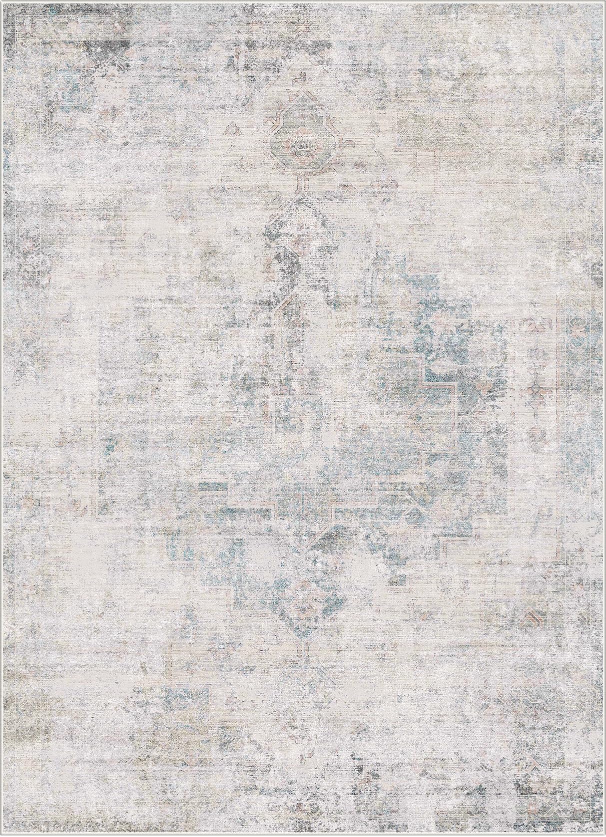 Low Pile Office Rugs for Rolling Chairs - 5x7 Abstract Rugs for Living Room, Large Entryway, Cream Slate Blue Decor, Non Slip with Rubber Backed & Stain Resistant