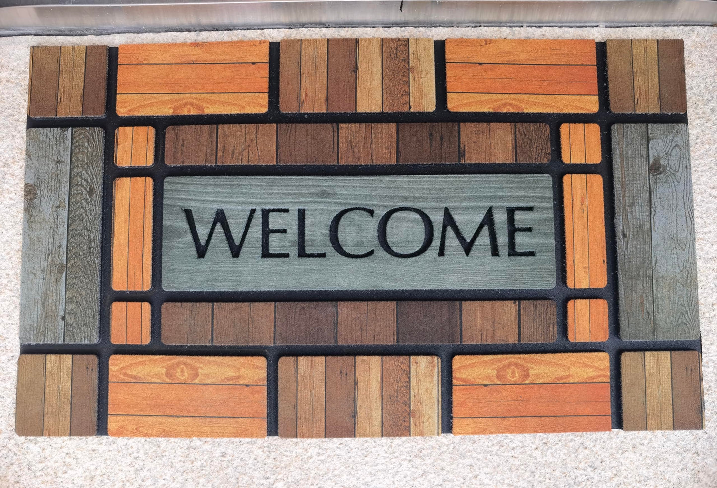 Timerala Wood Brick Flocked Doormat, Welcome Design, Multi-Color Wood Pattern, Non-Slip Rubber Backing, Rectangular, 29.92 x 17.32 Inches